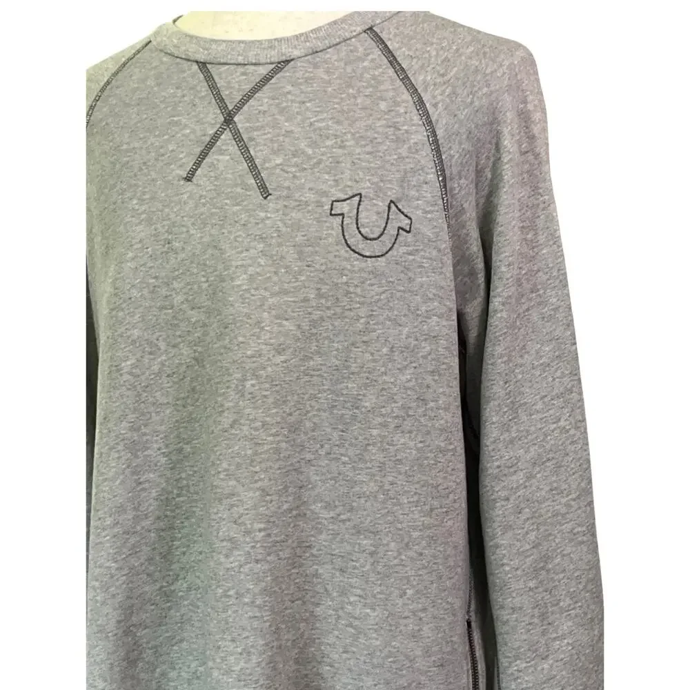 True Religion Gray Crewneck Sweatshirt Logo Raglan Zip Side Men’s Large